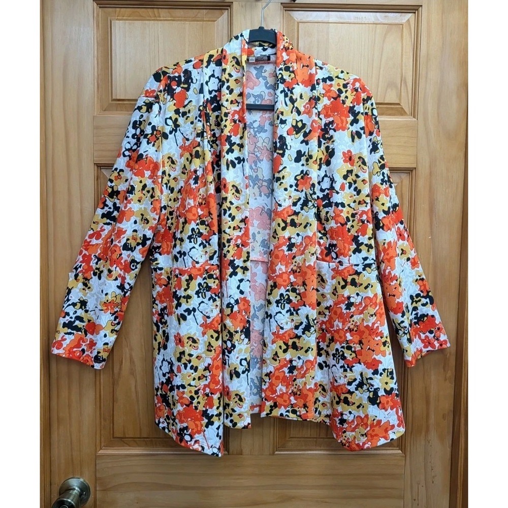Kasper Women's Large Cardigan Tunic Knit Floral Symmetrical Hem Open Front